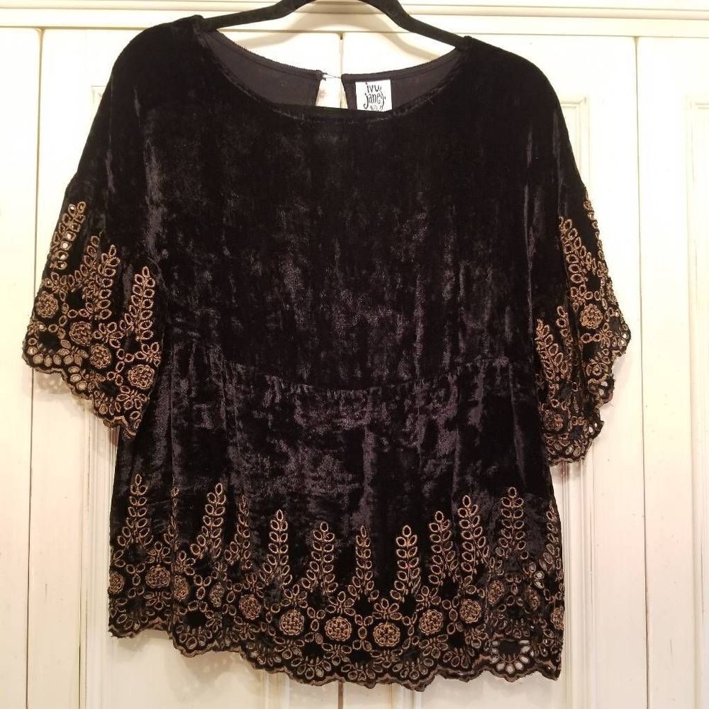 Ivy Jane Black Crushed Velvet S/S Top Embroidery S